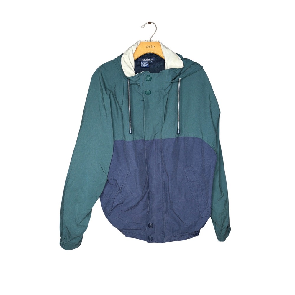 Vintage Nautica Windbreaker Jacket Mens Large Colorblock Teal Navy Blue‎ Hooded